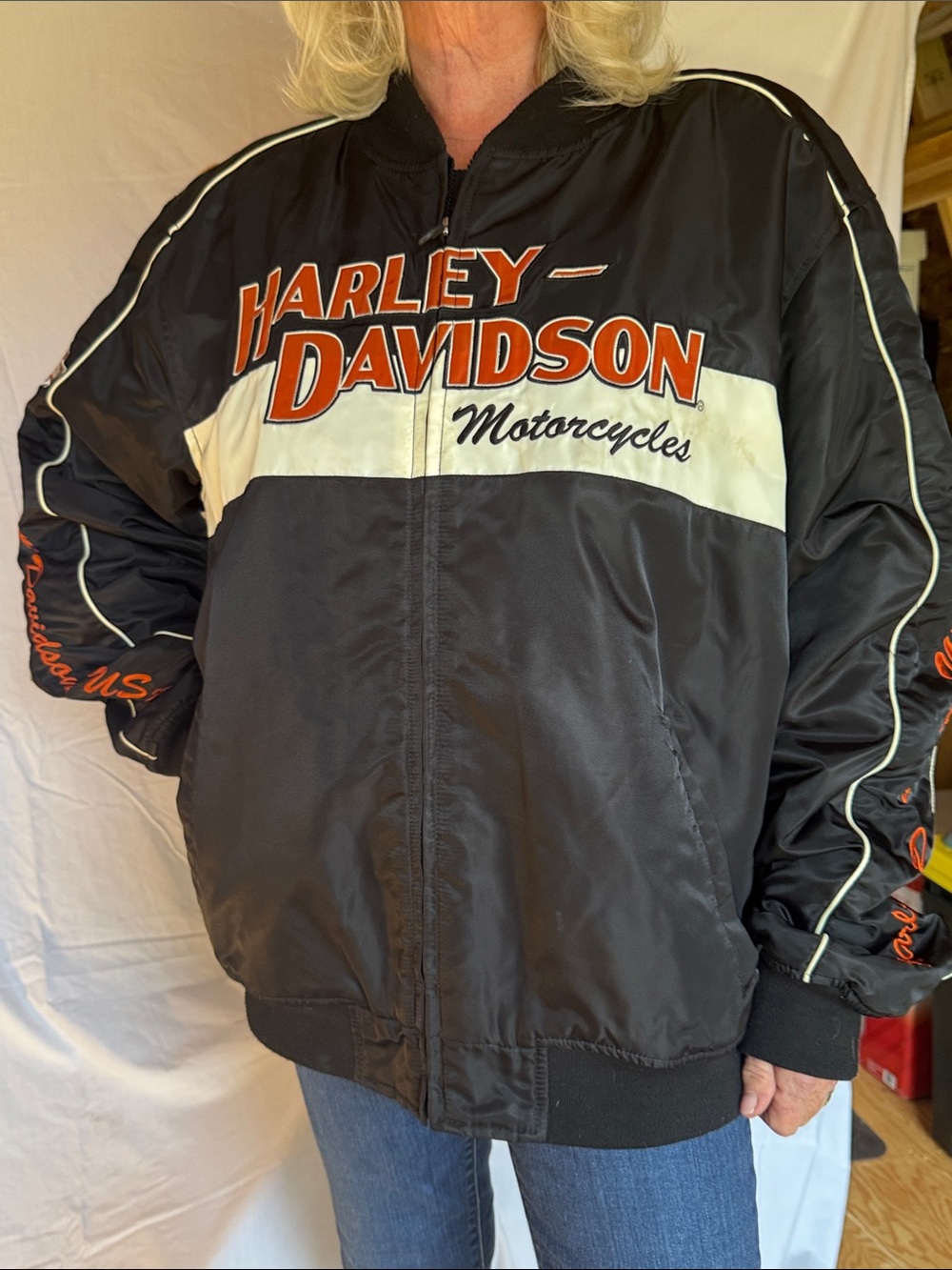 Harley-Davidson Embroidered Black White and Orange Zip Bomber Jacket